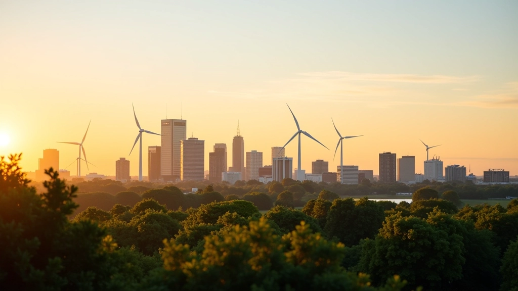 Hannover Skyline mit modernen grünen Gebäuden und Windkraftanlagen