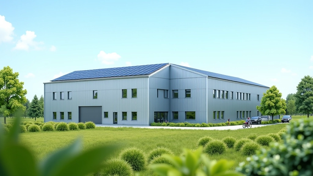 Moderne Fabrik mit Solarpaneln auf dem Dach und grünem Industriegelände
