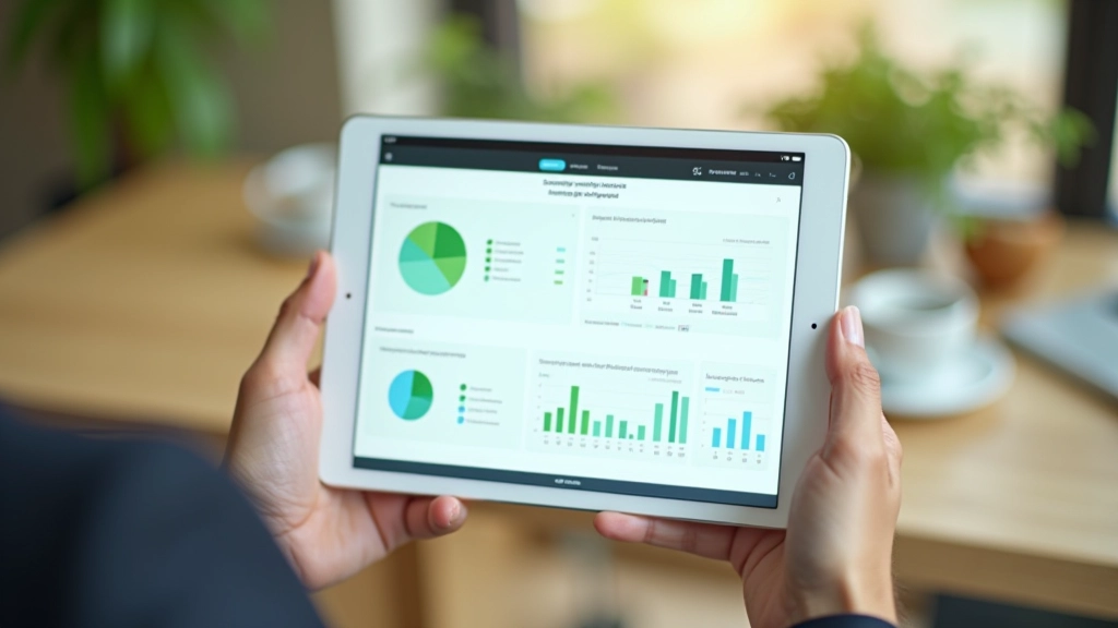 Datenanalyse auf einem Tablet mit grünen Grafiken und Nachhaltigkeitsmetriken